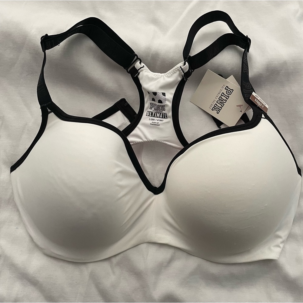 PINK VICTORIA SECRET SPORTS BRA white outlined black pink inside lined